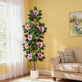 Fiddle Leaf Fig Tree 6FT Tall Artificial Plant, Large Fake Tree in White Planter, Faux Rubber Tree Fake Floor Plant with Magnolia Flowers - Artificial Tree for Home Office Living Room Decor, Pink