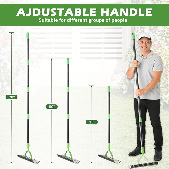 Dual-Action Dethatcher Rake - 21-Tine, Adjustable Long-Handle Landscaping Rake with 70", Heavy Duty Thatch Rake,Turf Rake for Artificial Grass, Metal Rake for Spring Lawn Care, Soil Aeration