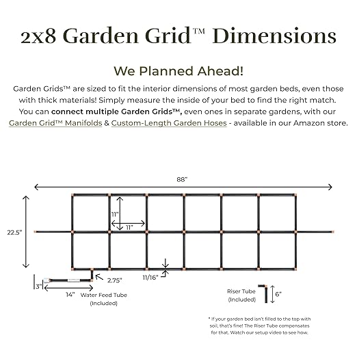 Garden Grid Watering System, 2x8 Cornerless | Garden Irrigation System for Garden Beds | Pre-Assembled, Waters Every Plant, USA-Made | Ideal for Beds w/Corner Posts or Curved Ends | 22.5"x88"