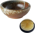 Wazakura Minoyaki Series Japanese Ikebana Essential Tool Kit - Small Round Ceramic Flower Vase and Kenzan Pin Frog for Floral Arranging (White Stripe and Terracotta Vase + 2in (61mm) Brass Kenzan)