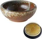 Wazakura Minoyaki Series Japanese Ikebana Essential Tool Kit - Small Round Ceramic Flower Vase and Kenzan Pin Frog for Floral Arranging (White Stripe and Terracotta Vase + 2in (61mm) Brass Kenzan)