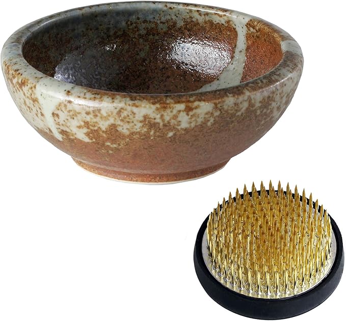 Wazakura Minoyaki Series Japanese Ikebana Essential Tool Kit - Small Round Ceramic Flower Vase and Kenzan Pin Frog for Floral Arranging (White Stripe and Terracotta Vase + 2in (61mm) Brass Kenzan)