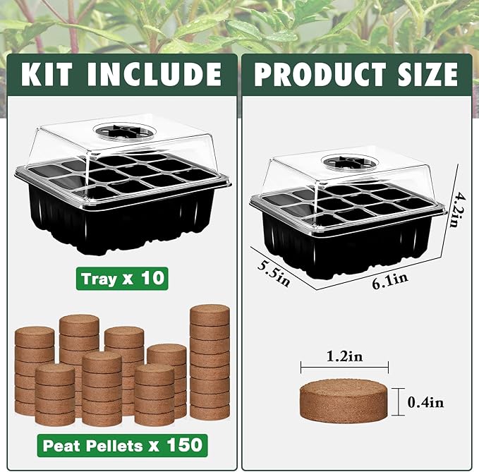 ZeeDix 10 Set Seed Starter Tray Kits, 10 Pack Seed Trays with 150 Pack Coco Coir Pellets, Adjustable Humidity Germination Tray with Dome Lids for Indoor Plants, Mini Greenhouse for Vegetables Garden