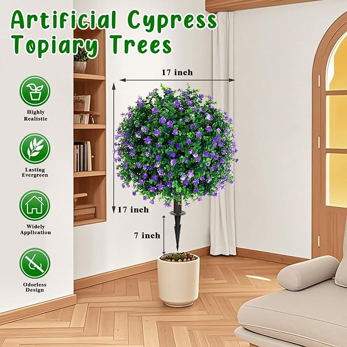 Grooy Artificial Boxwood Topiary Tree with Flower, Set of 2 Artificial Shrub Bushes with Ground Spike, Fake Evergreen Tree for Porch, Artificial Plants for Outdoor Planters Indoor UV Resistant