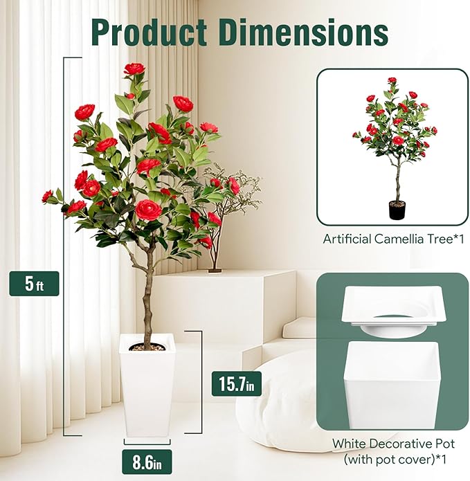 Artificial Camellia Tree 5FT, Red Flower Tree in White Pot, Faux Outdoor Indoor Plant, Christmas,Potted Artificial Flower for Home Office Housewarming Porch Decor (61'' Height)