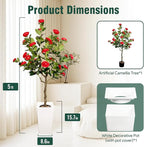 Artificial Camellia Tree 5FT, Red Flower Tree in White Pot, Faux Outdoor Indoor Plant, Christmas,Potted Artificial Flower for Home Office Housewarming Porch Decor (61'' Height)