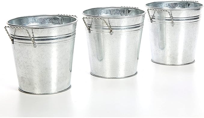 Hosley 3 Pack of Galvanized Planters 5" Dia x 4.5" H Durable Metal Plant Pots for Floral Arrangements Indoor and Outdoor Gardening with Vintage-Inspired Charm Rustic