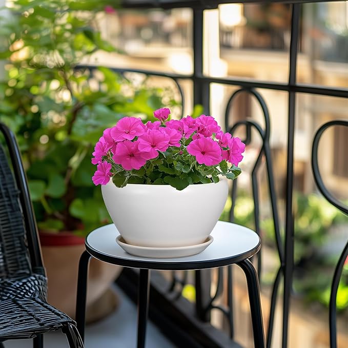 Ceramicfor Ceramic Planter - 9 Inch Plant Pot Indoor with Drainage Hole and Saucer for Outdoor Plants Mid-Century Round Planter Modern Flower Pot for House Garden White