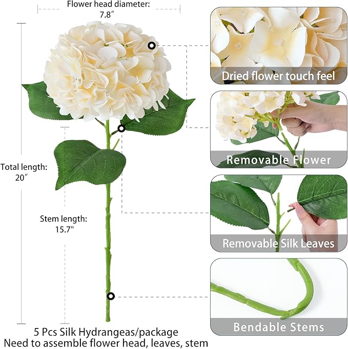 ZYTUYO 5 Pcs Champagne Silk Hydrangeas Artificial Flower Boho Dried Touch Hydrangeas 20'' Faux for Fall Home Decor Kitchen Living Room Porch Wreath Xmas Wedding Flower Arrangement