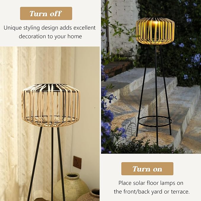 Outdoor Solar Rattan Floor Lamp with Plant Stands, Outdoor Patio Decor Plant Stand for Garden Porch Yard Pathway Driveway Porch