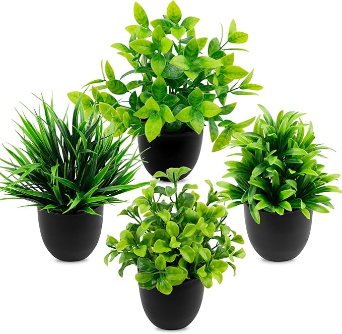 4 Pack Fake Plants Small Artificial Potted Plants for Home Office Desk Decor, Mini Faux Greenery with Black Pots, Assorted Artificial Grass & Leaf Plants for Indoor Shelf Bathroom Kitchen Decoration