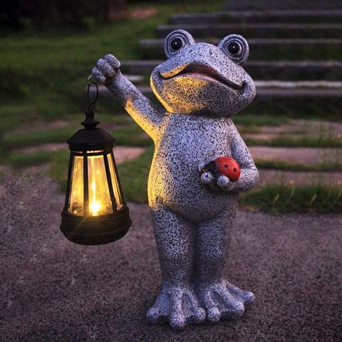 Frog Garden Statue Gifts Decor with Solar Outdoor Lantern for Patio Pathway Art Housewarming for Yard Decoration Lawn Ornament Gardening Gifts for Women Mom Grandma
