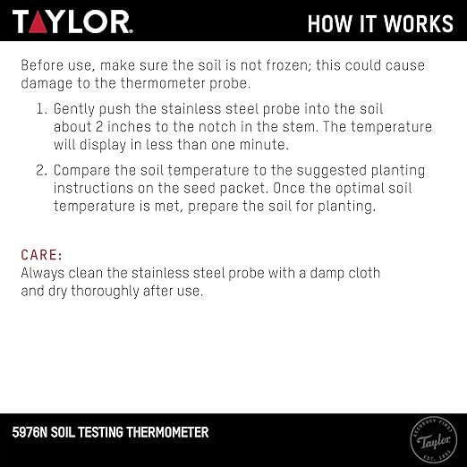 Taylor Soil Testing Thermometer, Gardening Tool for Plant Care, Gardening, Lawn, Farm, Outdoor Use, 4" Inch Stem