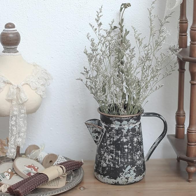 Vintage Pitcher Vase Rustic Farmhouse Vase for Flowers Vintage Metal Milk Jug Small Decorative Pitcher Shabby Chic Decor for Home, Kitchen, Bathroom, Black