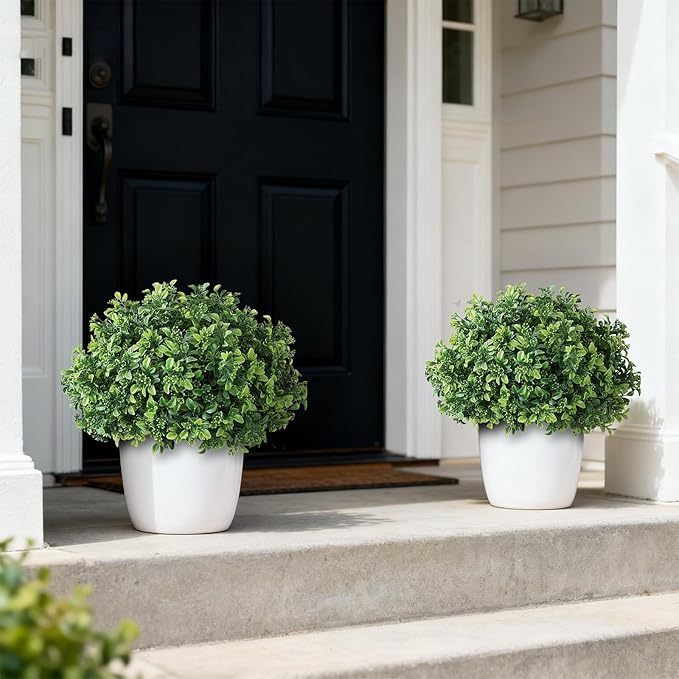 Set of 2 Artificial Boxwood Topiary Ball Trees for Front Door - Realistic Faux Aglaia Odorata Bush with Pot, Fake Eucalyptus Leaves Potted Plants for Porch Farmhouse Outdoor Decor (Green)