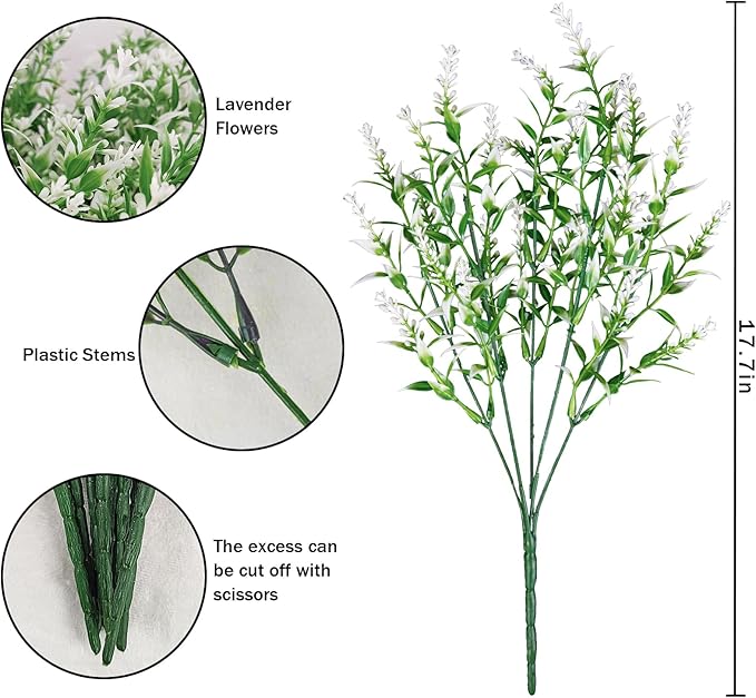 42 Pcs Fake Lavender Flowers Outdoor UV Resistant Faux Plastic Lavender Flowers No Fade Artificial Lavender Purple Plants for Outside Garden Porch Window Box Hanging Planter Decor (White)