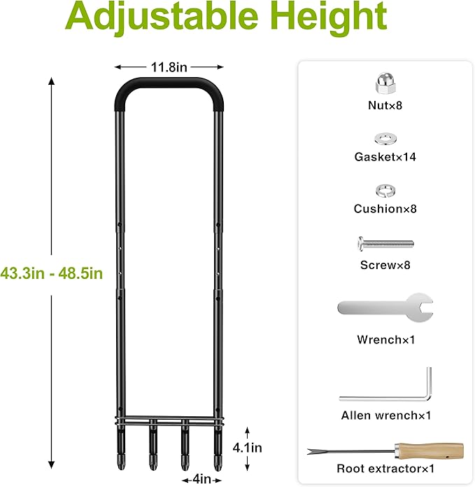 Knee-Friendly Manual Lawn Aerator Tool –Adjustable SUS304 Stainless Steel Core Aerator for Grass, Yard Aeration Tool with 4 Hollow Tines for Lawn Care and Compacted Soil,43.3"-48.5",Black