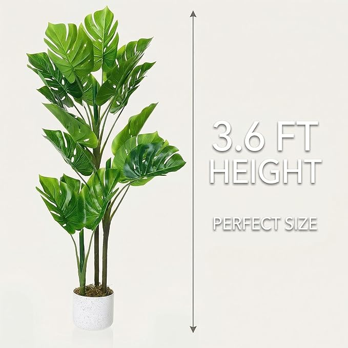 Garvee 3.6FT Artificial Monstera Plant in Pot, Fake Decorative Evergreen Potted Floor Tree, Indoor Faux Tropical Plants for Living Room Porch Entryway Office, No Assembly