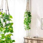 Mkono Fake Hanging Plant with Pot, Artificial Plants for Home Spring Decor Indoor Macrame Plant Hanger with Faux Vine Hanging Planter Greenery for Bedroom Bathroom Kitchen Office, Brown (Pothos)