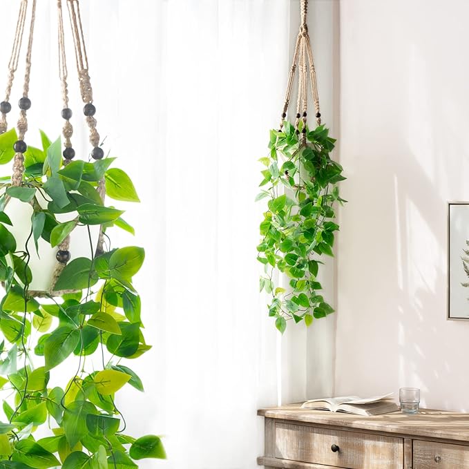 Mkono 2 Packs Fake Hanging Plant with Pot, Artificial Plants for Home Decor Indoor Macrame Plant Hanger with Faux Vine Hanging Planter Greenery for Bedroom Bathroom Office Decor, Brown (Pothos)