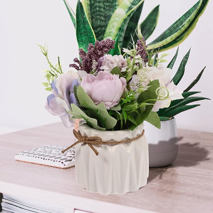 Artificial Hydrangea Orchid Potted Plant, Simulation Small Fake Bonsai Figurine with Purple Flowers, Home Decor Greenery Ornament for Living Room Desktop
