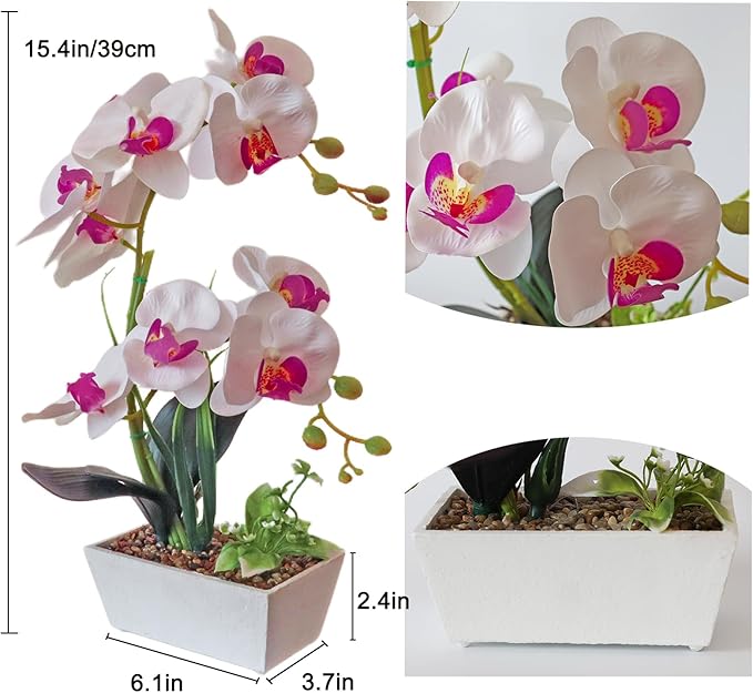 White Orchids Artificial Flowers Fake Orchid in Pot Phalaenopsis Flower Large Faux Orchid Plant Real Looking Fake Flowers Table Decor for Living Room Centerpieces Indoor Bathroom Plants