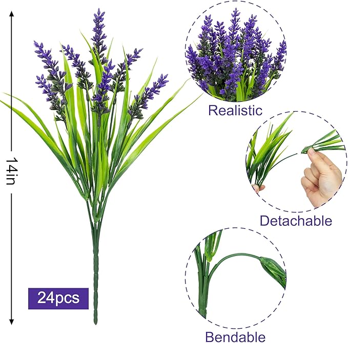 Bassion 24 Bundles Artificial Flowers for Outdoors, Fake Lavender Flowers with Monkey Grass UV Resistant Plastic Faux Plants for Outside Hanging Planter Window Box Garden Patio Front Porch Home Decor