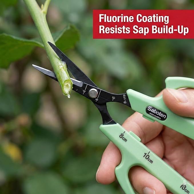 Saboten Fluorine Coated Straight Blade Trimming Scissors Green PT-1 160mm Precision Gardening Bonsai and Floral Shears Made in Japan