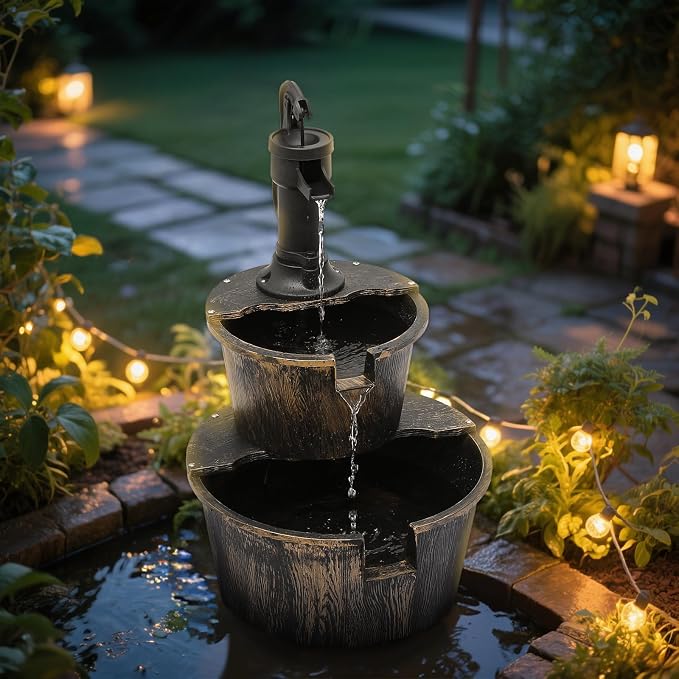 Magshion 27" Tall Outdoor Barrel Pump Water Fountain, 2-Tier Soothing Cascading Waterfall Feature with Electric Recirculating Pump, Garden Decor for Outside Patio, Yard, Porch or Landscape, Bronze