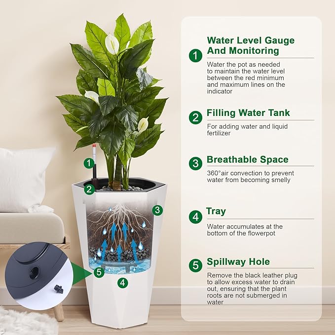 22.4 Inch Tall Planters for Outdoor Indoor Plants Set of 2, Tapered Large Flower Pots with 2 Trays and a Water Level Monitor Planter Pots, Plant Pot for Patio, Balcony, Lounge