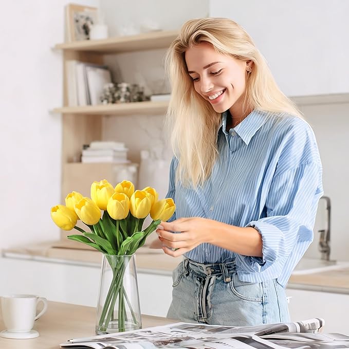 10 Pcs Artificial Tulips Flowers with Vase, Real Touch Faux Tulip Stems for Vase, Home Kitchen Wedding Dining Table Decorations, Ideal Gift for Mother's Day, Easter, Valentine's Day (Yellow)