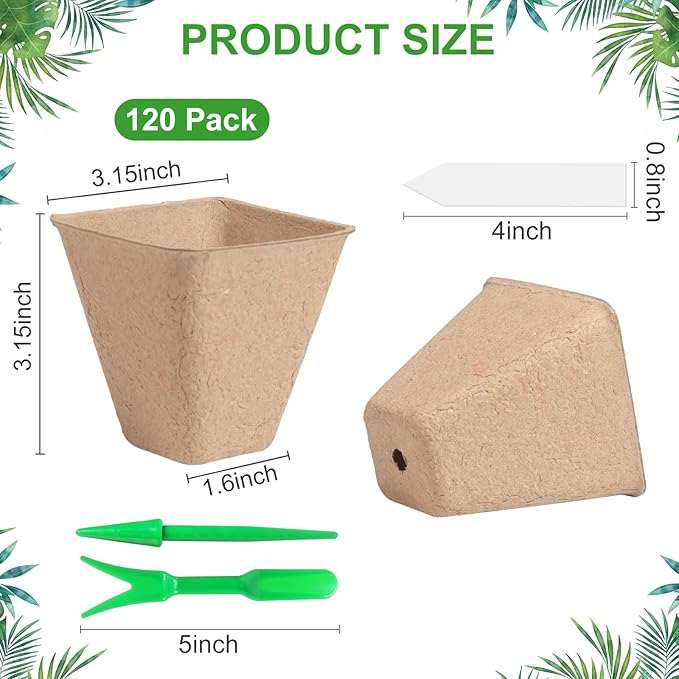Baxrou 120 Pack 3.15 Inch Square Peat Pots for Seedlings, Seed Starting Pots with Drainage Holes Nursery Pot, Herb Seed Starter Pot Kits wit 30 Plant Labels, 2 Transplant Tools.