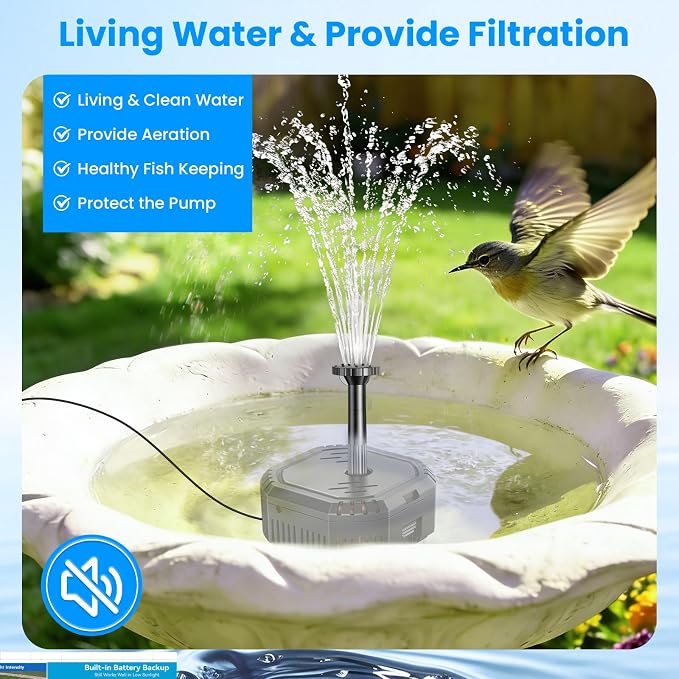 Antfraer 7W Solar Fountain Pump with 3600mAh Battery Backup & Pond Filter, Solar Water Fountain Pump with 8 Nozzles & PVC Tubing, Solar Fountain for Bird Bath, Small Ponds, Waterfall, Hydroponics