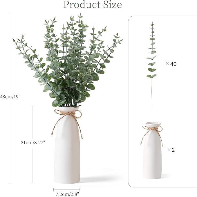 Vase with Greenery,20pcs Artificial Eucalyptus Stems in White Vase 2 Packs, Boho Home Decor Plant, 19" Decorative Fake Plants for Home Farmhouse Mantle Centerpiece Decor