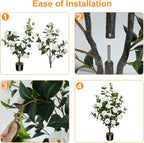 2 Pack 43.3"/3.6FT Artificial Camellia Tree Fake Outdoor Tree with 32 Blooming Flowers White Tree for Home Front Door Winter Christmas Indoor Decor (Including Faux Moss)