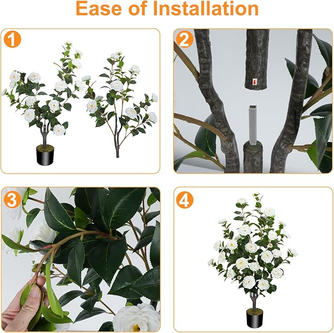 2 Pack 43.3"/3.6FT Artificial Camellia Tree Fake Outdoor Tree with 32 Blooming Flowers White Tree for Home Front Door Winter Christmas Indoor Decor (Including Faux Moss)