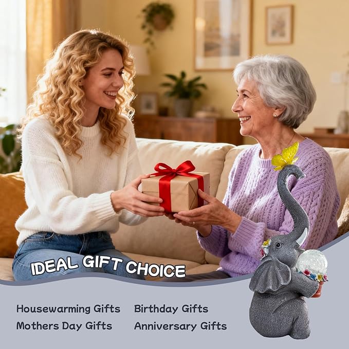 BeePeep Solar Elephant Garden Statues Decor Waterproof Figurine Resin Sculpture Gift for Mom Grandma, Outdoor Decorations for Porch Lawn Yard Home House Gardening Birthday Housewarming (Elephant)
