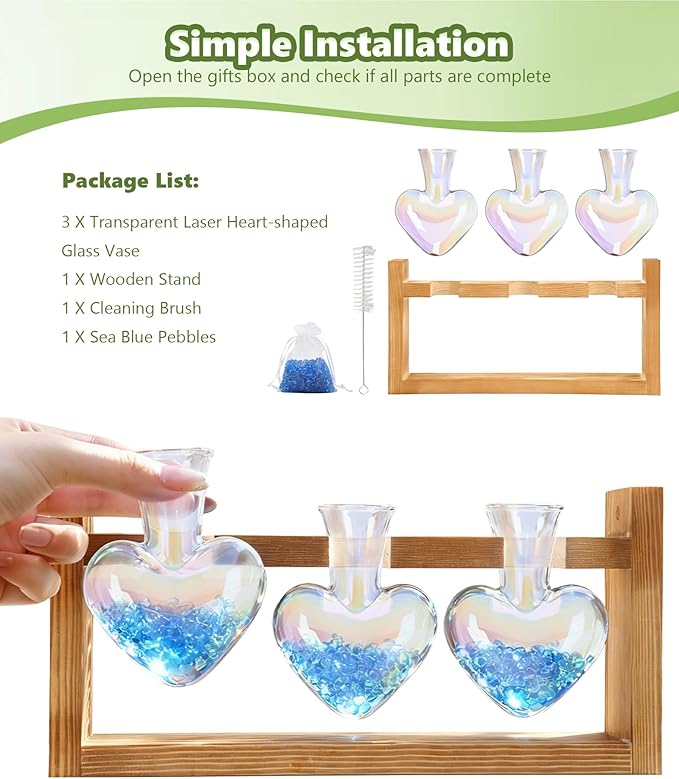 Nacome Plant Terrarium Propagation Stations: Mothers Day Gifts for Mom Plant Lovers Women Wife Daughter - 3 Bulb Glass Vase with Wooden Stand Tabletop for Hydroponics Home Garden Decor(Iridescent)