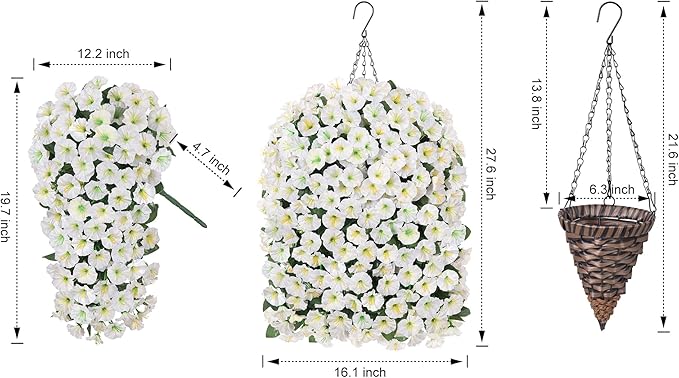 Artificial Fake Flowers Plants Hanging Baskets for Outdoor Outside Decor, Faux Silk Hanging White Morning Glory Trailing Vines UV Resistant for Porch Patio Home Decoration
