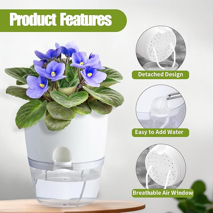 Oliz 6 Inch Self Watering Plastic Plant Pots for Indoor Plants - 3 Pack White Orchid Planters with Wick Ropes & Drainage Holes, Modern Decorative Garden Pots with Water Reservoir