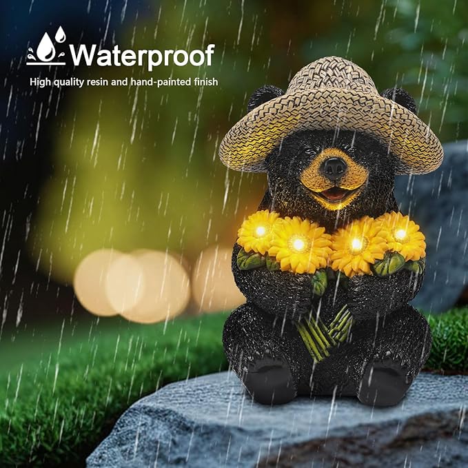 Solar Garden Decor Statues 7.5" Resin Black Bear Figurines with Sunflowers Featuring Straw Hat Waterproof Bear Decor for Outside Yard Patio Porch Decoration Gift for Mom Grandma