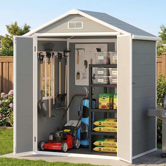 Gizoon 6x4.4 FT Resin Shed with Floor, Plastic Outdoor Storage Shed with Windows, All-Weather Garden Tool Shed with Lockable Doors, Suitable for Backyard & Patio (Grey)