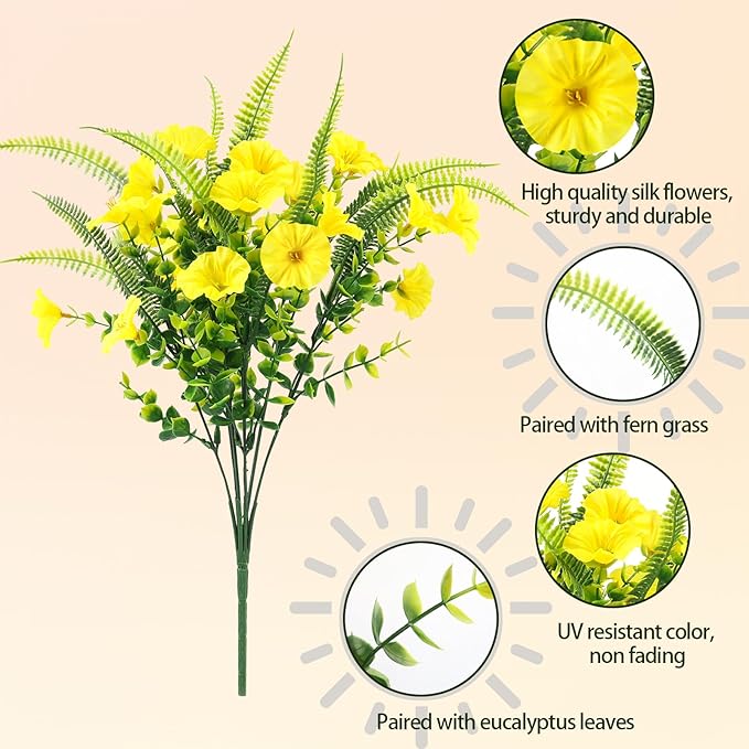 Artificial Flowers for Outdoors 12 Bundles Yellow Artificial Petunias Fake Flowers UV Resistant Shrubs Plants with Fern for Indoor Outside Hanging Planters Home Garden Spring Decorations