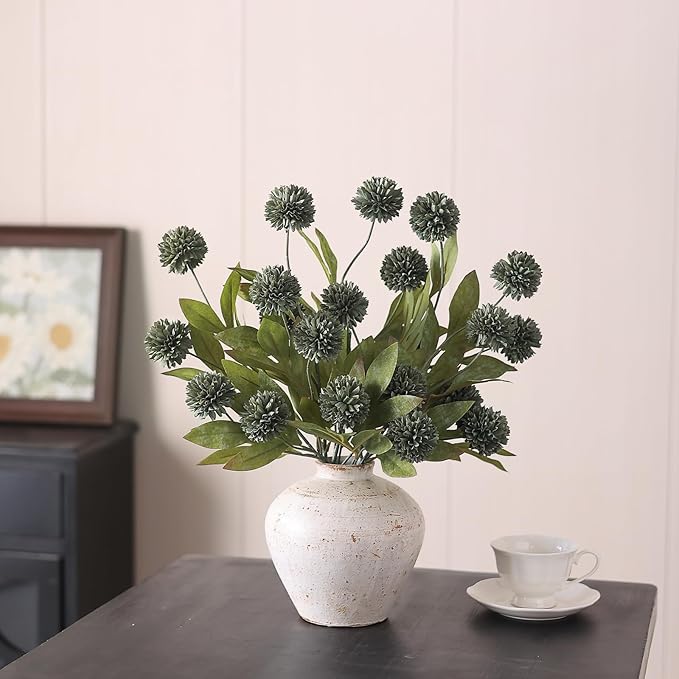 VIERENA 6 Pcs Faux Silk Pompon Mum Artificial Flowers for Vase -27", Bulk Fake Chrysanth Branches with Stems for DIY Bouquet Centerpieces Wedding Fillers Arrangements Shower Decorations (Dark Gray)