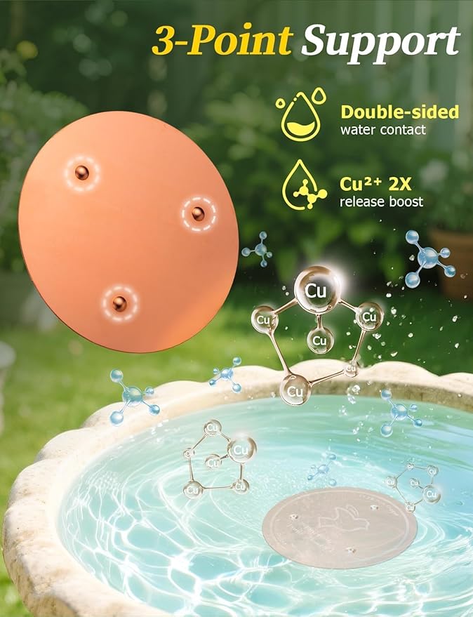 Mellbree 4-Pack Premium Copper Cleaning Disc, 0.6mm Thick 99.99% Pure Copper with Stable Triple-Point Support, All-Season Physical Water Care for Bird Baths