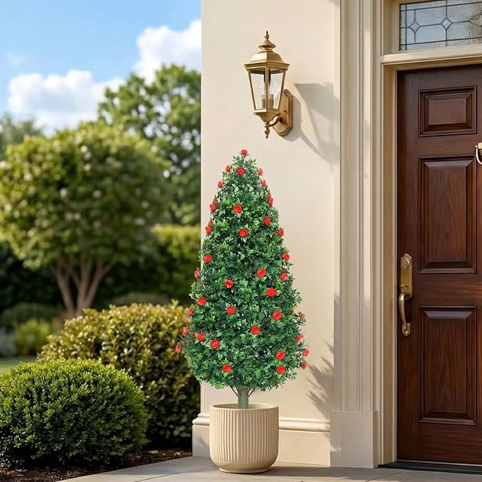 PATIO CHOICE 3ft Artificial Topiary Trees with Rose Set of 2 Outdoor Faux Plants Realistic Faux Bushes and Shrubs Decorations for Outdoor Front Porch Garden (Rose, 36in)