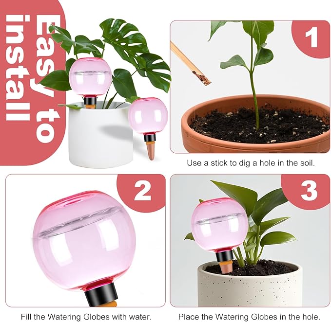 2 Pack Self Watering Globes 17oz Large Plant Watering Globes Top Fill, Self Water Planter Insert Indoor/Outdoor Plastic Water Bulbs Slow Release Terracotta for Plants, Pink