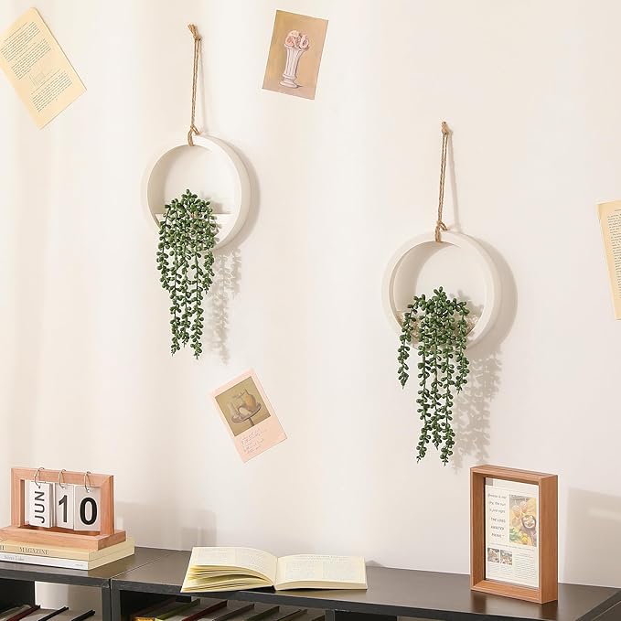 Boho Wall Decor, 2Pcs Fake Hanging Plants Artificial Succulents, Indoor Hanging Planter Greenery Decor, Perfect for Bathroom Living Room Bedroom Office Washroom, Faux Succulent Wall Floating Plants