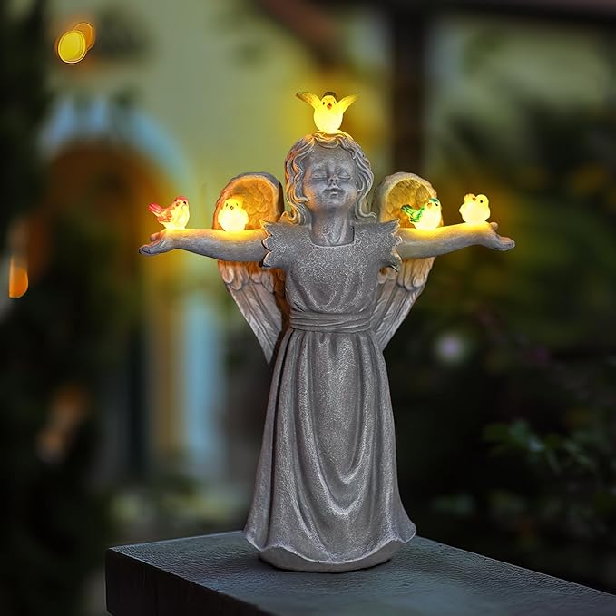 Angel Garden Statue with 5 Birds Solar Lights, Resin Cherub Figurine Outdoor Decor for Garden Porch Yard, Gift for Women, Teacher, Mother, Birthday Housewarming