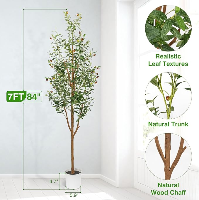 7FT Artificial Olive Tree - Indoor Tall Faux Olive Trees with Planter&Basket, Large Fake Olive Silk Tree Realistic Olive Plants with Branches and Fruits for Home Decor Office Living Room